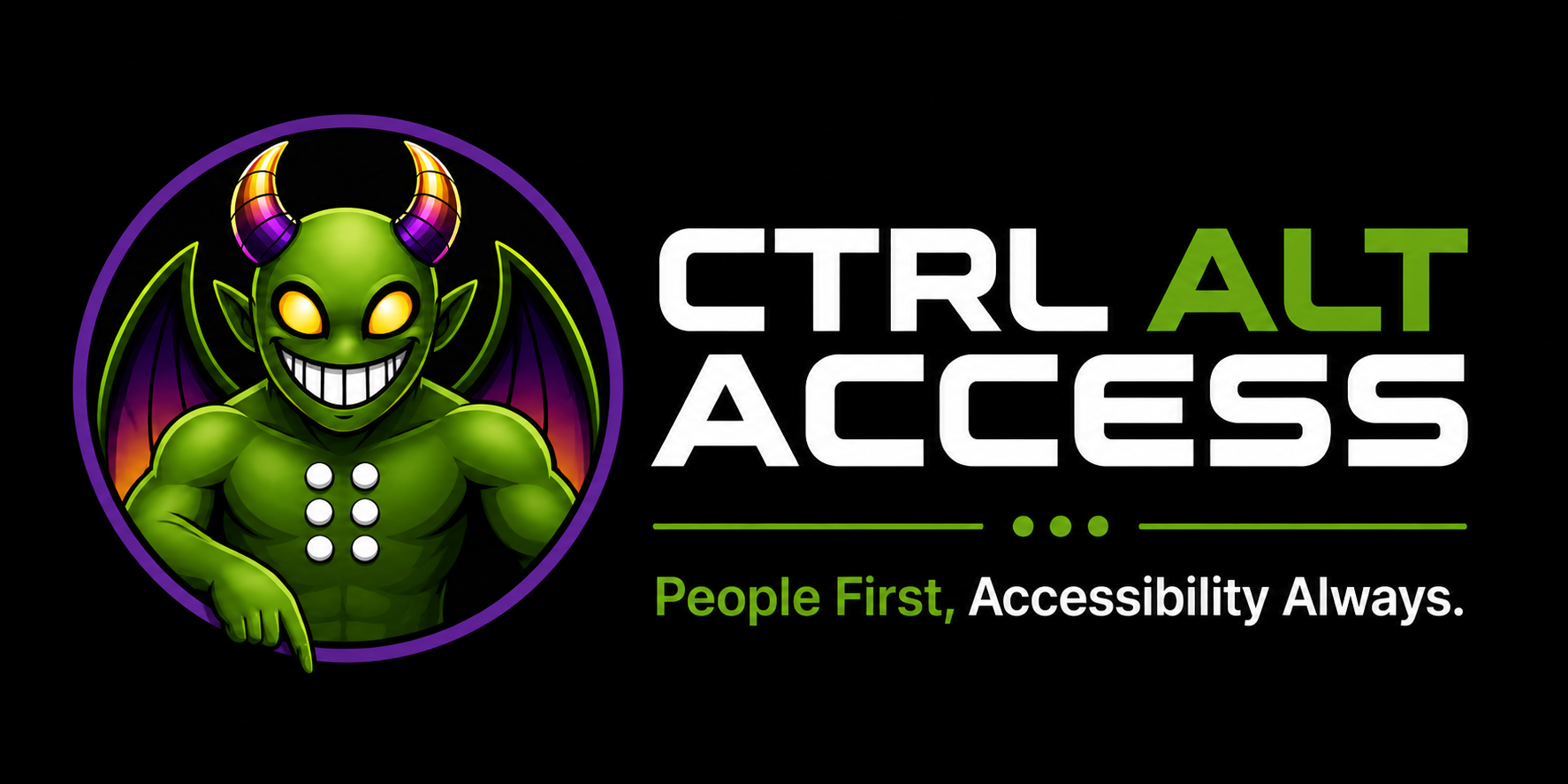 Control Alt Access logo featuring a smiling green dragon-like accessibility mascot with glowing yellow eyes pointing downward beside the company name and the slogan “People First, Accessibility Always.”